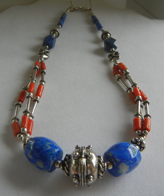 Vintage sterling silver, lapis lazuli and coral R… - image 3