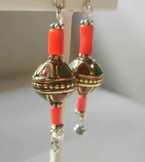 Boucles D'oreilles Vintage En Argent Sterling 925 – Turquoise Et Corail – Fait Main En Inde – Style Ethnique Et Unique