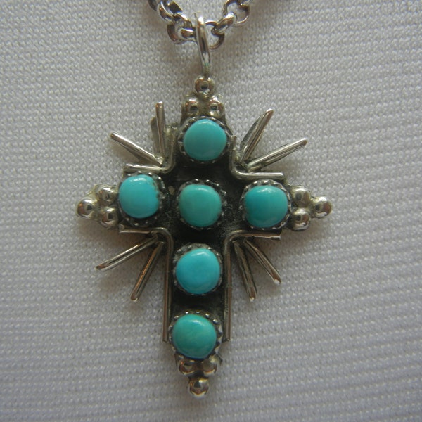 Small Native American turquoise & sterling silver cross on fine 1.5mm sterling rolo chain 8.3grams.  Turquoise Navajo jewelry.  Zuni jewelry