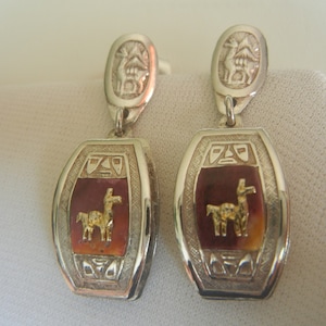 Vintage Peruvian Llama Earrings: Sterling Silver, Gold & Spiny Oyster