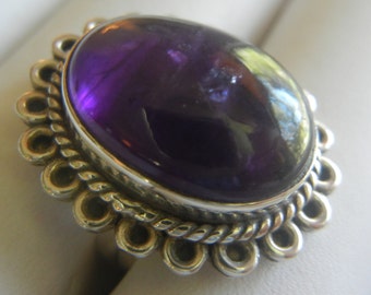 Large amethyst cabochon & sterling silver size 7 ring 10 grams 1"x 7/8". Vintage amethyst ring. Amethyst silver jewelry. February birthstone