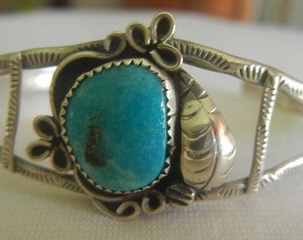 Dainty Navajo turquoise & sterling silver cuff bracelet 6"x 7/8", 7.3 grams.  Fully stamped ultra-thin banded silver cuff.  Navajo jewelry.