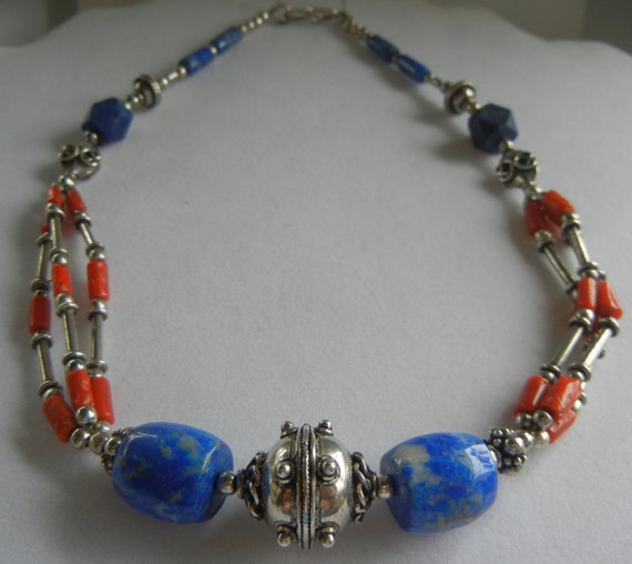 Vintage sterling silver, lapis lazuli and coral R… - image 4