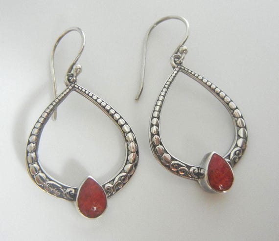 Coral Teardrop Sterling Silver Earrings: Dainty Bali Style Jewelry