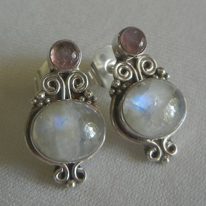 Rainbow moonstone, amethyst, sterling silver Bali post earrings 7.1 grams, 1&quot;x 1/2&quot;.  Moonstone 1&quot; drop earrings.  Moonstone silver jewelry.