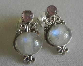 Rainbow moonstone, amethyst, sterling silver Bali post earrings 7.1 grams, 1&quot;x 1/2&quot;.  Moonstone 1&quot; drop earrings.  Moonstone silver jewelry.