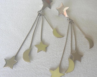 Rare Taxco 4&quot; celestial earrings sterling silver 17.6 grams.  Vintage Taxco silver jewelry.  Crescent moons & stars dangling post earrings.