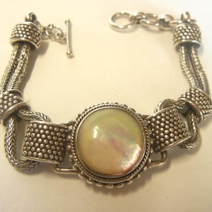 Rare vintage Bali Suarti rainbow MOP & sterling silver granulation bracelet 46.1 grams, 8-1/4&quot;.  Vintage Bali bracelet.  Vintage jewelry.