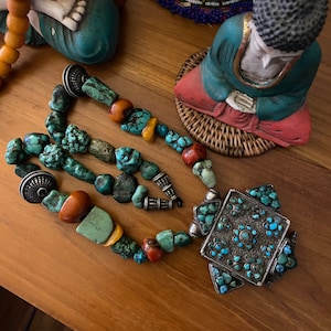 Antique Tibetan silver Gau box, turquoise nuggets, large coral trade beads 280grams. Large authentic Tibet neckpiece. Tibet jewelry. Gau box