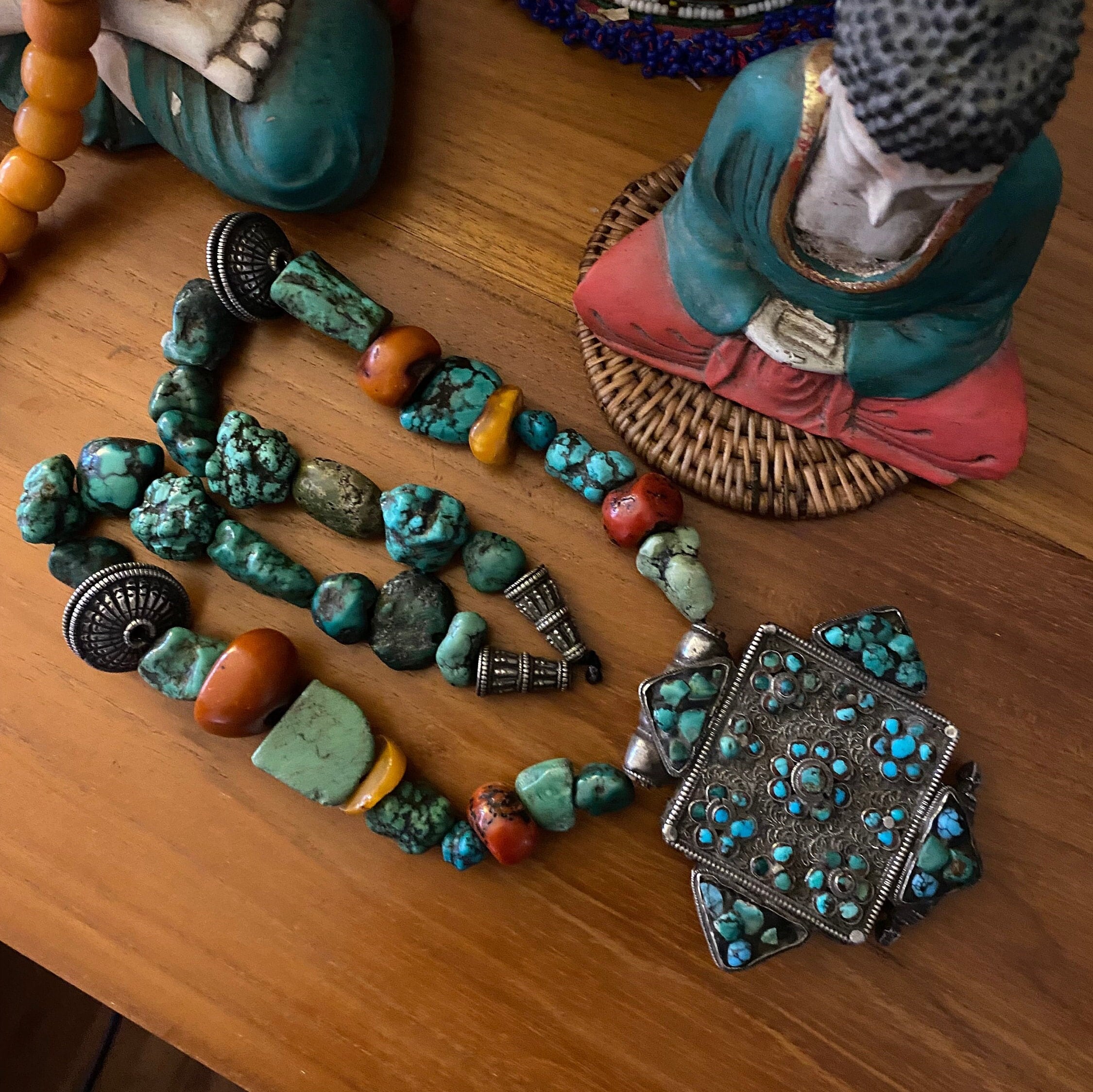 Antique Tibetan Silver Gau Box, Turquoise Nuggets, Large
