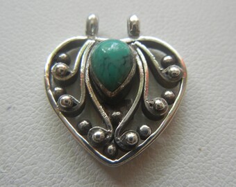 Bali Sterling Silver Turquoise Heart Pendant - Vintage Handmade Jewelry