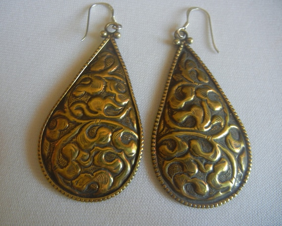 Vintage Nepali Brass Repousse Teardrop Earrings: Sterling Silver Earwires