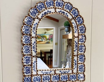 Arch mirror with blue flowers, blue and white mediterranean mirror, bohemian mirror, Spanish, Peruvian, French