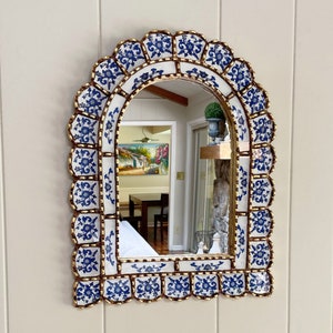 Arch mirror with blue flowers, blue and white mediterranean mirror, bohemian mirror, Spanish, Peruvian, French