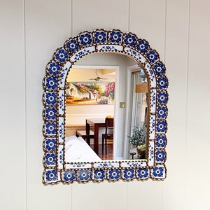 Arch mirror, Spanish Peruvian painted glass mirror, blue and white tile design decorative mirror, mediterranean mirror, bohemian mirror