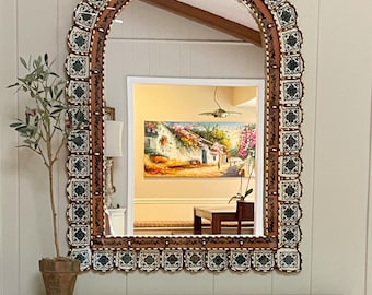 Handcrafted Mediterranean arch mirror 32x24 - terracotta, blue, green floral statement piece
