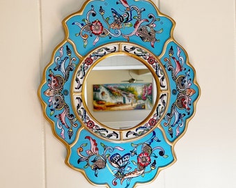 Handmade Peruvian painted glass mirror, Sky blue mirror with flowers and butterflies, Tole painted mirror, tropical mirror, bohemian mirror