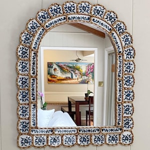 Handcrafted Peruvian Painted Glass Arch Mirror: Mediterranean Bohemian Decor