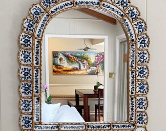 Handcrafted Peruvian Painted Glass Arch Mirror: Mediterranean Bohemian Decor