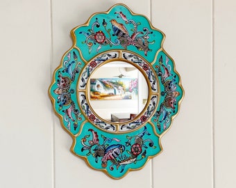 Painted glass mirror, handmade Peruvian mirror, Spanish mirror, mediterranean mirror, bohemian mirror, Aquamarine mirror with birds