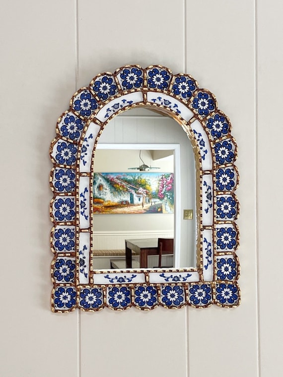 Arch Mirror, Spanish Peruvian Painted Glass Mirror, Blue and White Tile  Design Decorative Mirror, Mediterranean Mirror, Bohemian Mirror 