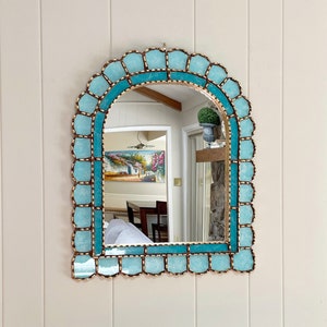 Aqua marine arch mirror, mediterranean mirror, tropical caribbean mirror, coastal mirror, Spanish Peruvian mirror, boho painted glass mirror