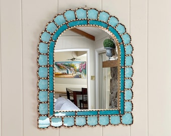 Aqua marine arch mirror, mediterranean mirror, tropical caribbean mirror, coastal mirror, Spanish Peruvian mirror, boho painted glass mirror