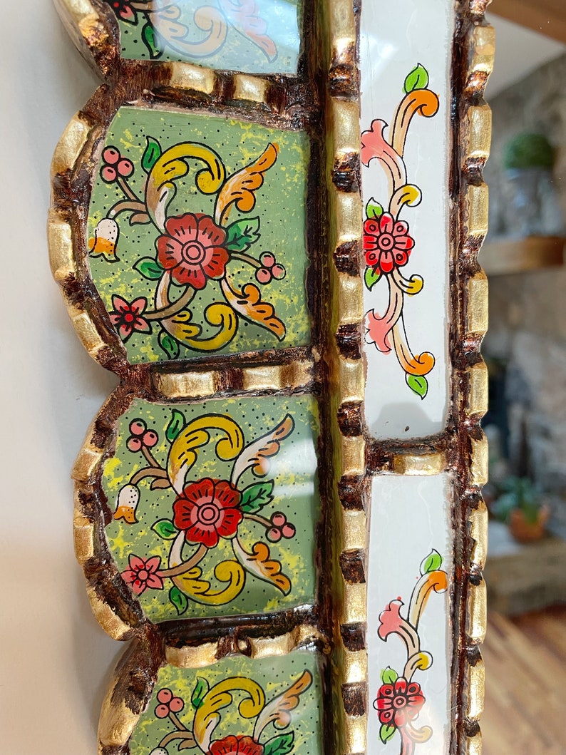 Garden arch mirror, Spanish arch mirror, Peruvian painted glass mirror, mediterranean mirror, green mirror with flowers, bohemian mirror image 4