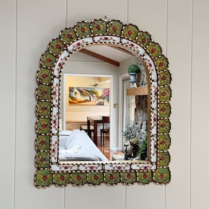 Garden arch mirror, Spanish arch mirror, Peruvian painted glass mirror, mediterranean mirror, green mirror with flowers, bohemian mirror image 1