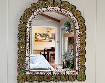 Garden arch mirror, Spanish arch mirror, Peruvian painted glass mirror, mediterranean mirror, green mirror with flowers, bohemian mirror