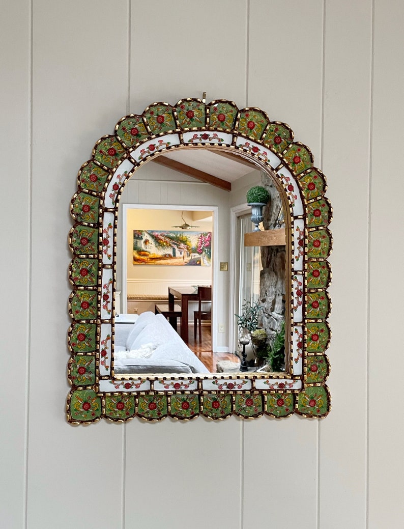 Garden arch mirror, Spanish arch mirror, Peruvian painted glass mirror, mediterranean mirror, green mirror with flowers, bohemian mirror image 1
