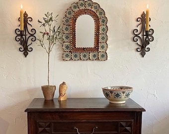 Handcrafted Mediterranean arch mirror, Spanish Peruvian decor in terracotta, blues, green 16”x12”