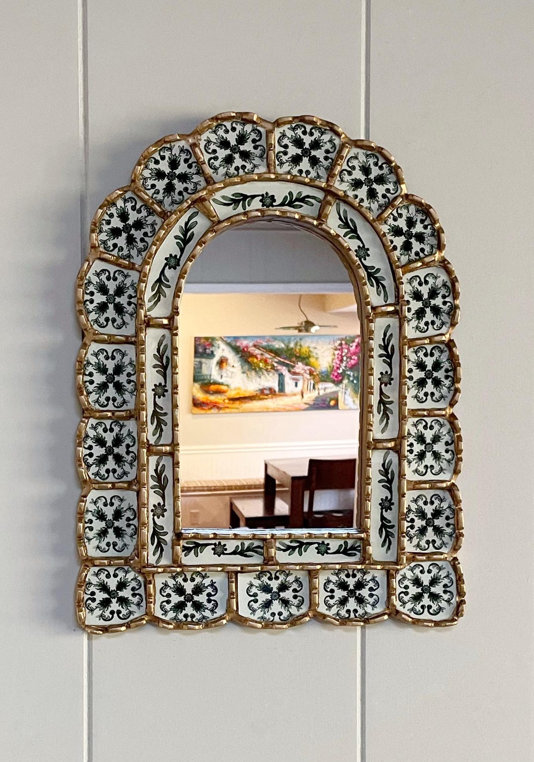 Handcrafted Peruvian Arch Mirror: Mediterranean Tile Design in green