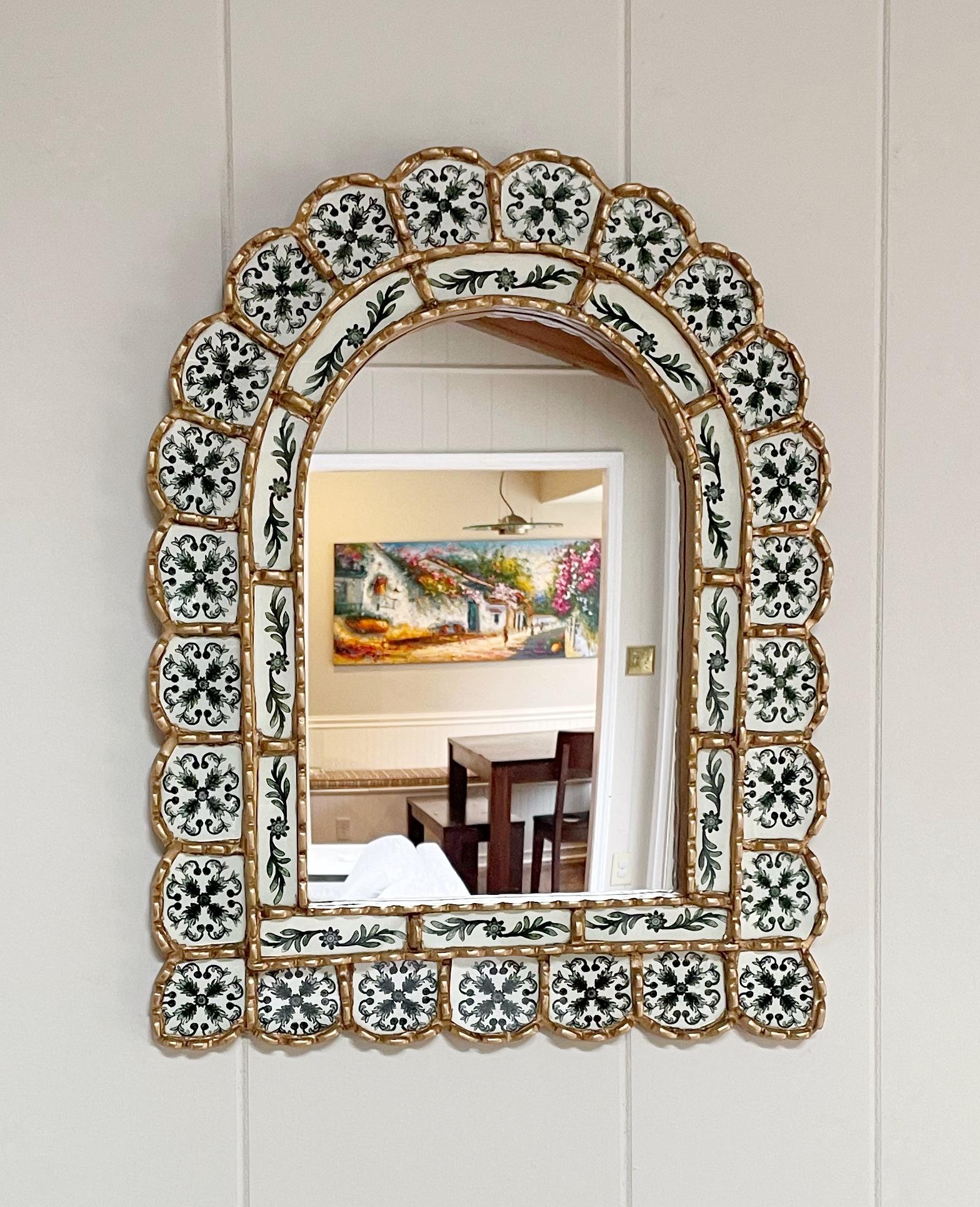 Handmade Peruvian Arch Mirror: Mediterranean Tile Design in Green
