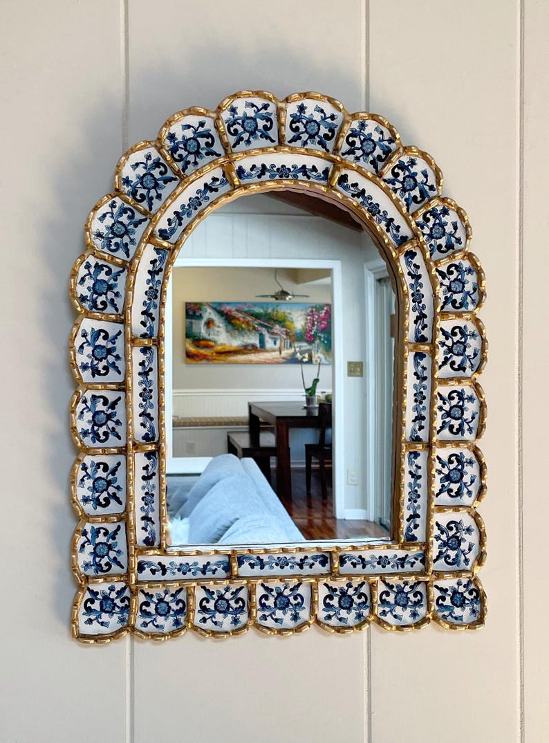 Arch mirror with blue flowers, blue and white mediterranean mirror, bohemian mirror, Spanish, Peruvian, French