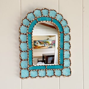 Aqua blue arch mirror, mediterranean blue arch mirror, Spanish mirror, Peruvian painted glass mirror, tropical blue mirror, Caribbean mirror