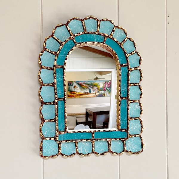 Miroir en arc bleu aqua, miroir en arc bleu méditerranéen, miroir espagnol, miroir en verre peint péruvien, miroir bleu tropical, miroir des Caraïbes