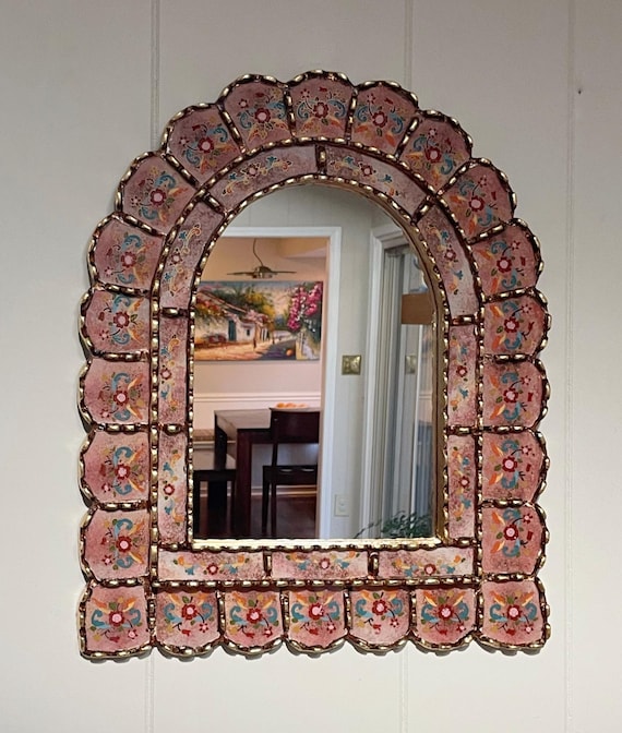 Handcrafted Floral Arch Mirror: Pink Terracotta, Gold Leaf Accent