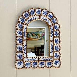 Spanish Arch mirror, blue and white arch mirror, mediterranean mirror, painted glass mirror, Handmade Peruvian mirror, decorative mirror