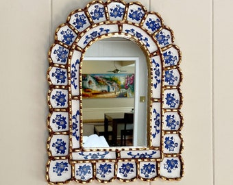 Spanish Arch mirror, blue and white arch mirror, mediterranean mirror, painted glass mirror, Handmade Peruvian mirror, decorative mirror