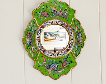 Painted glass mirror, Handmade Peruvian mirror, lime green mirror with birds and flowers, tropical mirror, mediterranean Spanish mirror