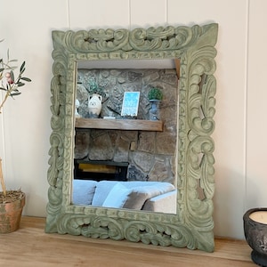 Baroque mirror, carved wood Spanish mirror, Peruvian decorative mirror, handmade mirror, distressed olive green hand painted mirror