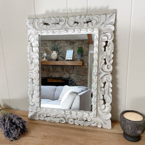 Baroque mirror, carved wood Spanish mirror, Peruvian decorative mirror, handmade mirror, distressed white hand painted mirror, white mirror