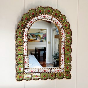 Garden arch mirror, Spanish arch mirror, Peruvian painted glass mirror, mediterranean mirror, green mirror with flowers, bohemian mirror
