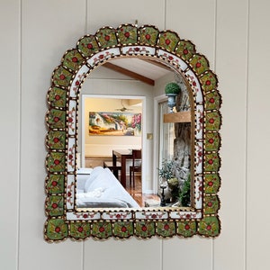 Garden arch mirror, Spanish arch mirror, Peruvian painted glass mirror, mediterranean mirror, green mirror with flowers, bohemian mirror image 9