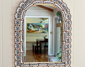Handcrafted Mediterranean blue and white floral wall mirror 32”x24”