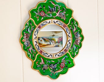 Handmade Peruvian painted glass mirror, Green tole painted mirror with flowers and butterflies, unique decorative mirror, tropical mirror