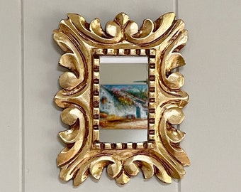 Handmade Peruvian mirror, Spanish mirror, carved wood mirror, gold leaf mirror, small decorative mirror, gallery mirror, 10 inch rectangular
