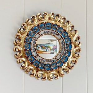 Handmade Peruvian mirror, painted glass mirror with flowers, blue and gold mirror, Spanish mirror, mediterranean mirror, decorative mirror