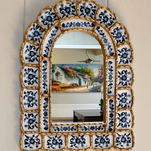 Handcrafted Peruvian Arch Mirror: Blue Floral Painted Glass, Gold Trim